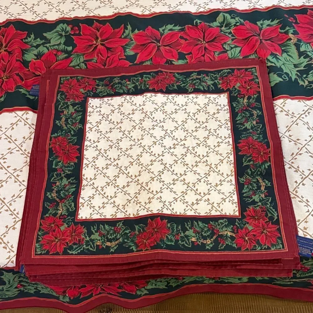 Elegant vintage Holiday Tablecloth with Poinsettia Design